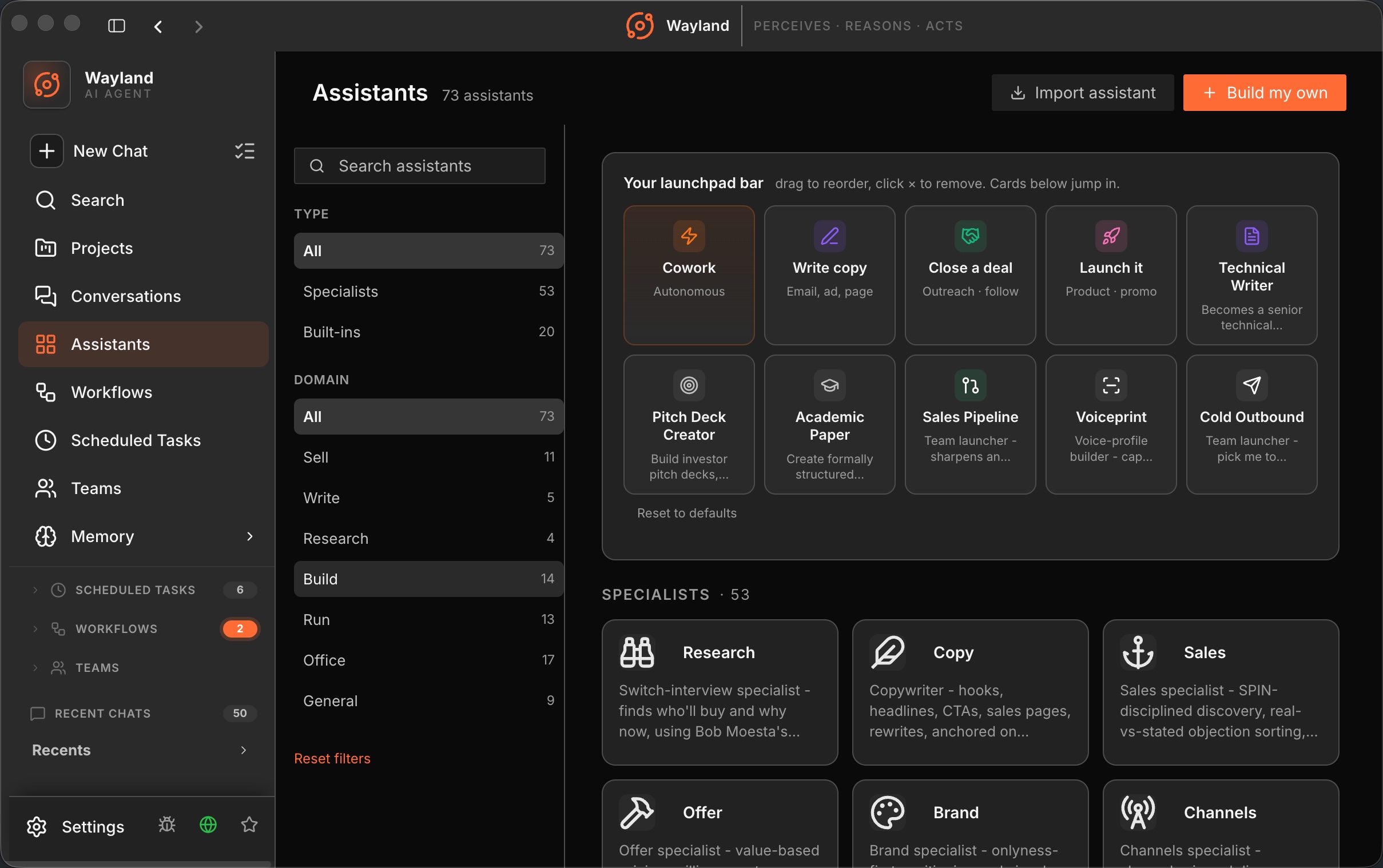 The assistants library, grouped into Teams, Specialists, and Built-ins