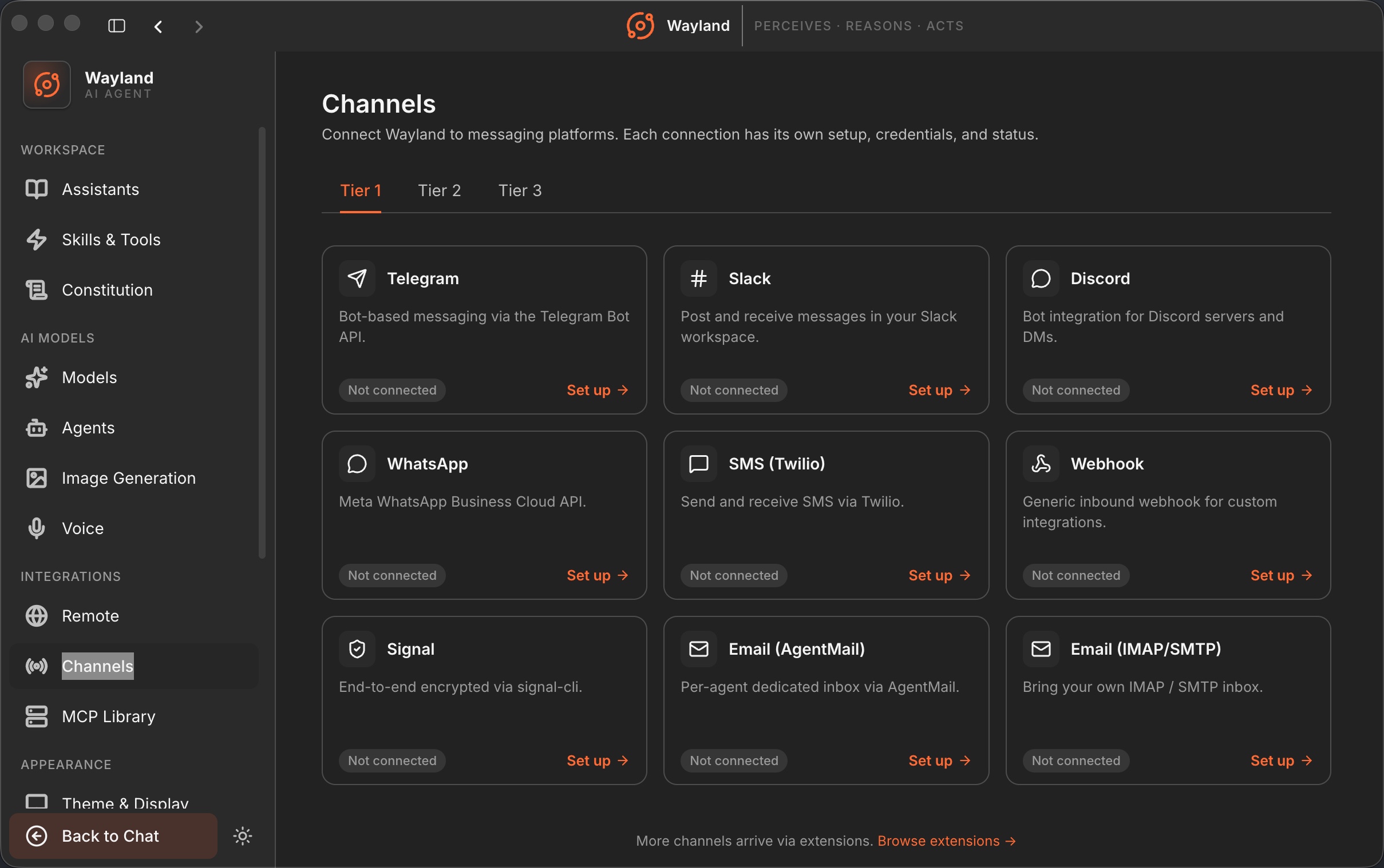 The channels settings index with tiers and status