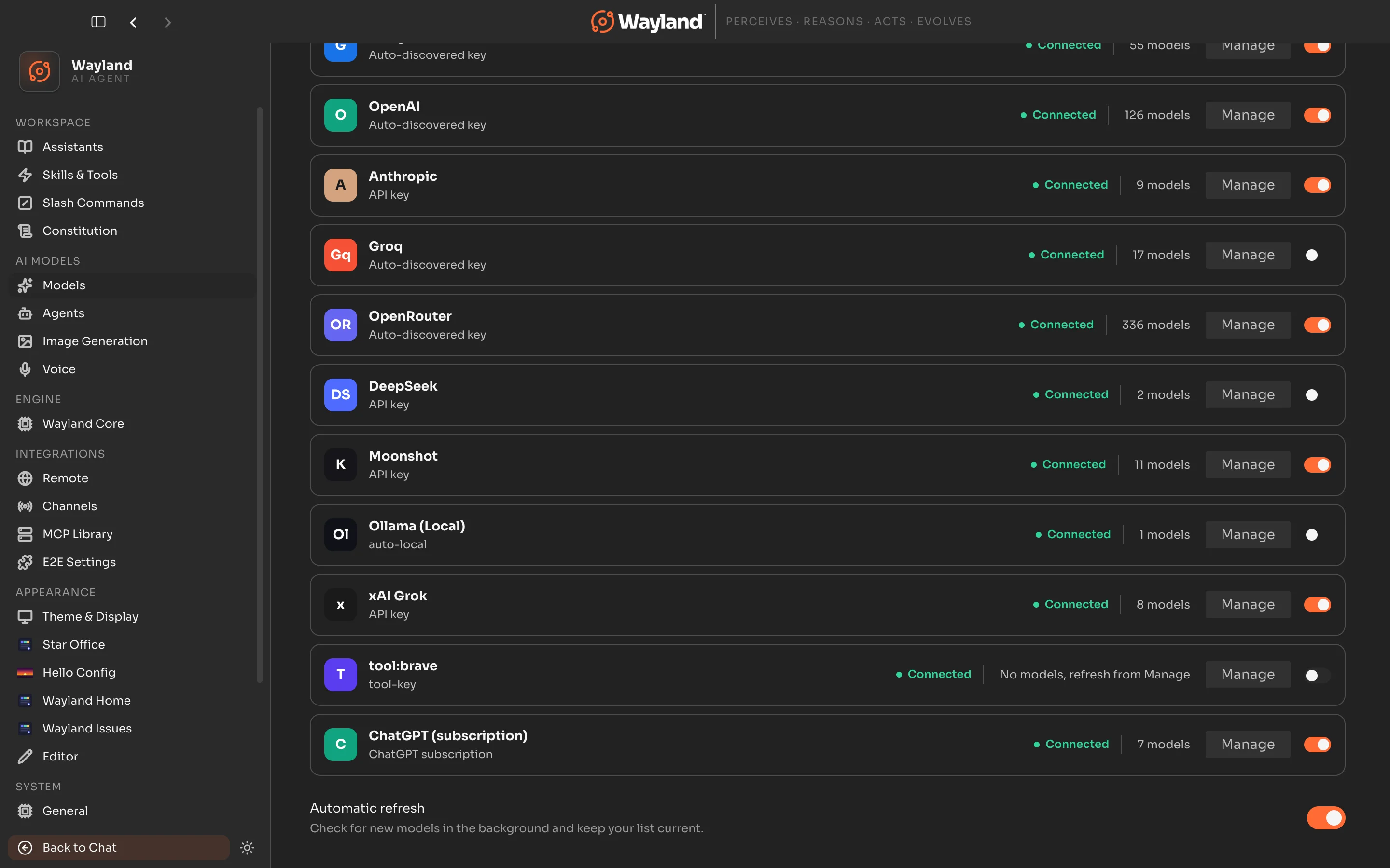 Settings, Models showing ChatGPT subscription connected with 7 models, alongside the other connected providers