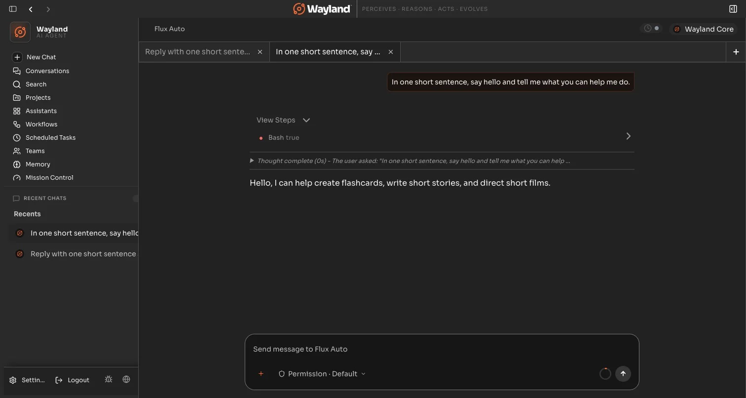Wayland server first chat: the agent replies and asks permission before running a tool