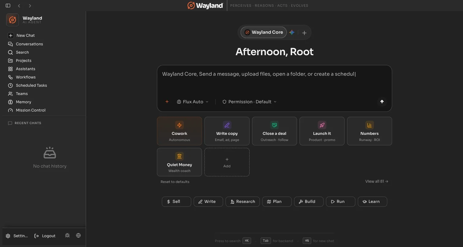 Wayland server dashboard after first login, with the model connected and ready