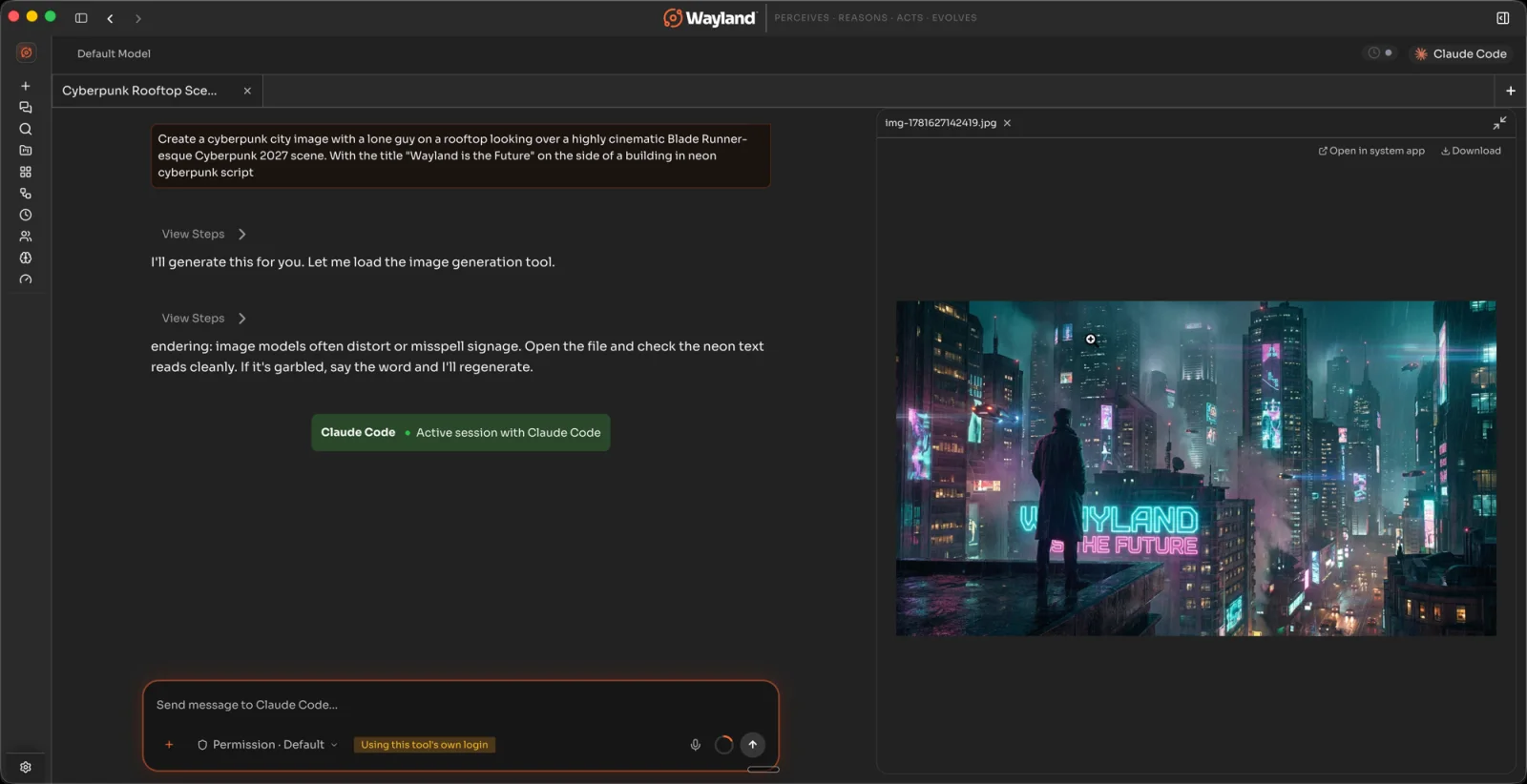 Generating an image in a conversation: the prompt renders a cyberpunk scene inline, viewable and downloadable from the side panel