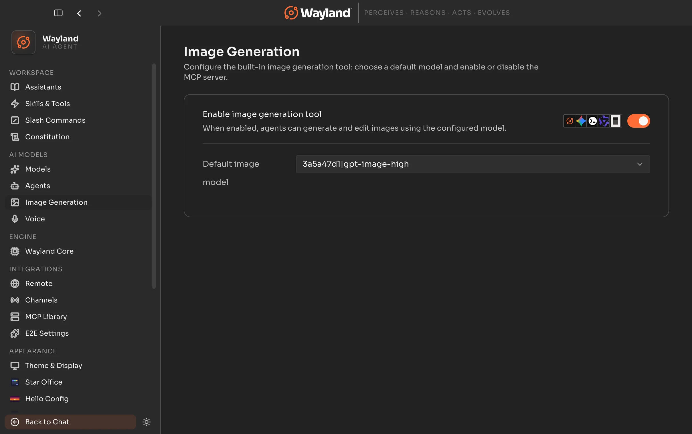 The Settings Image Generation panel with the enable toggle and the default image model selector