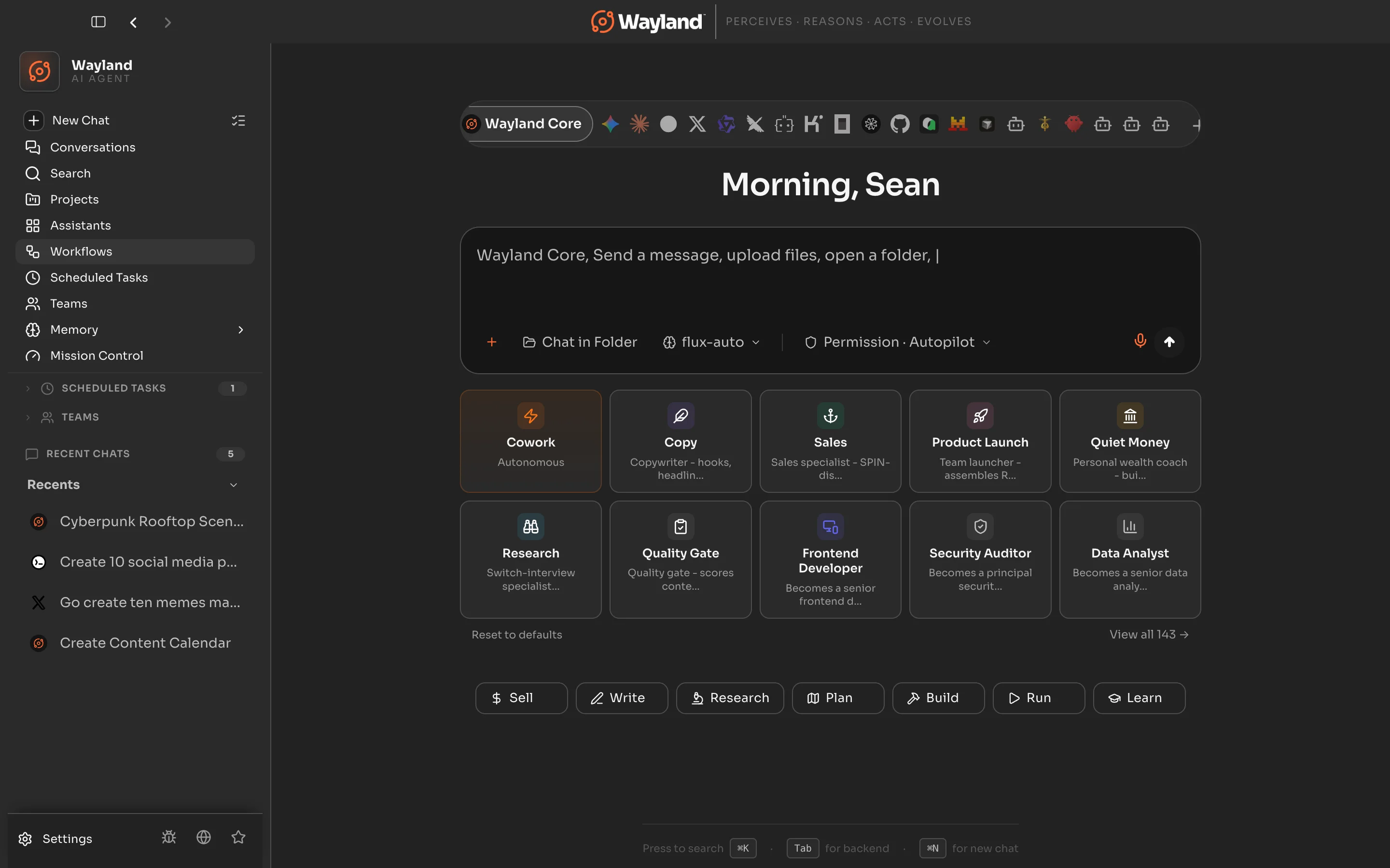 The new-chat launcher with the intent pills Sell, Write, Research, Plan, Build, Run, Learn
