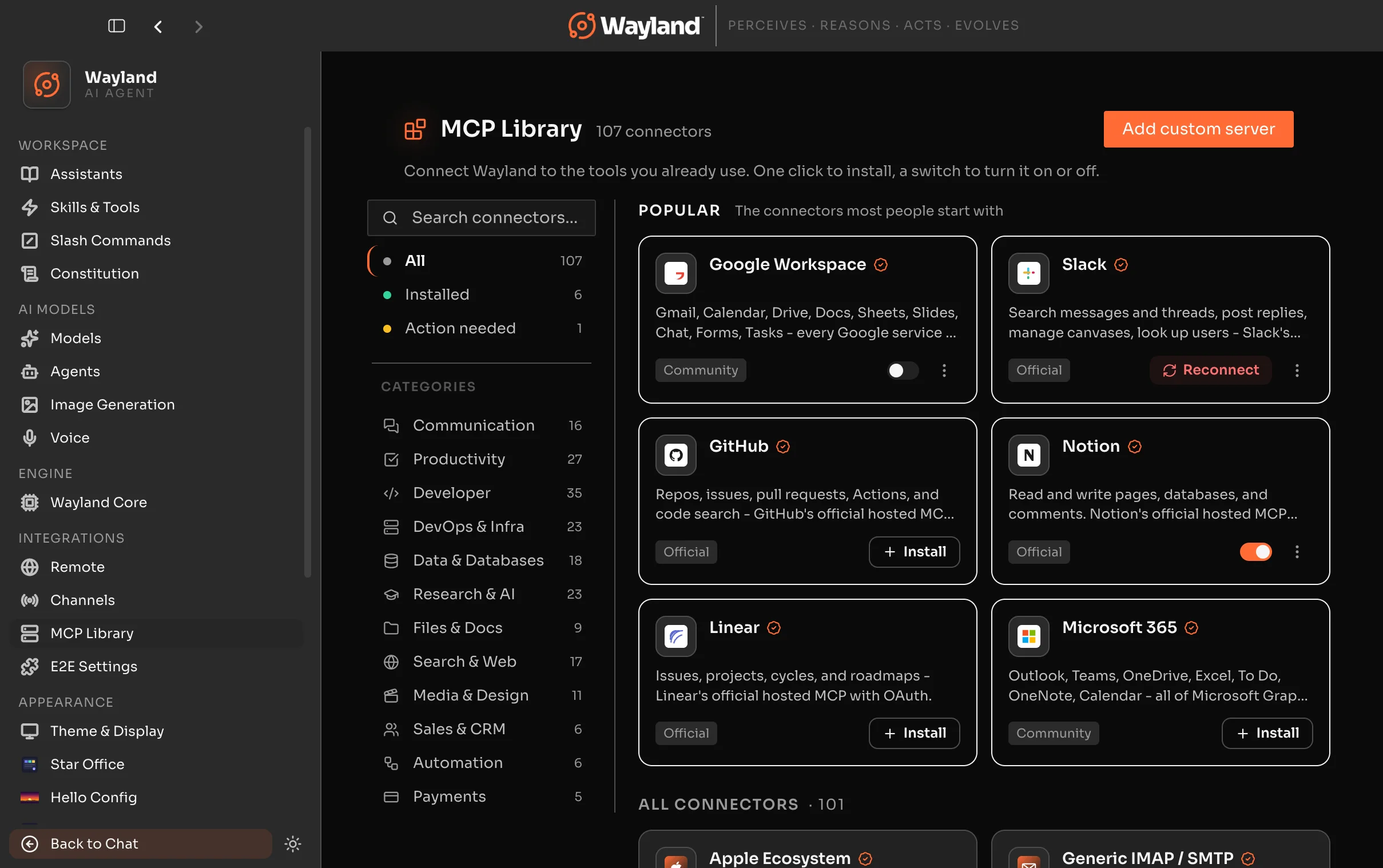 The MCP Library browse view with the 107-connector catalog, a Popular section, and category counts down the left