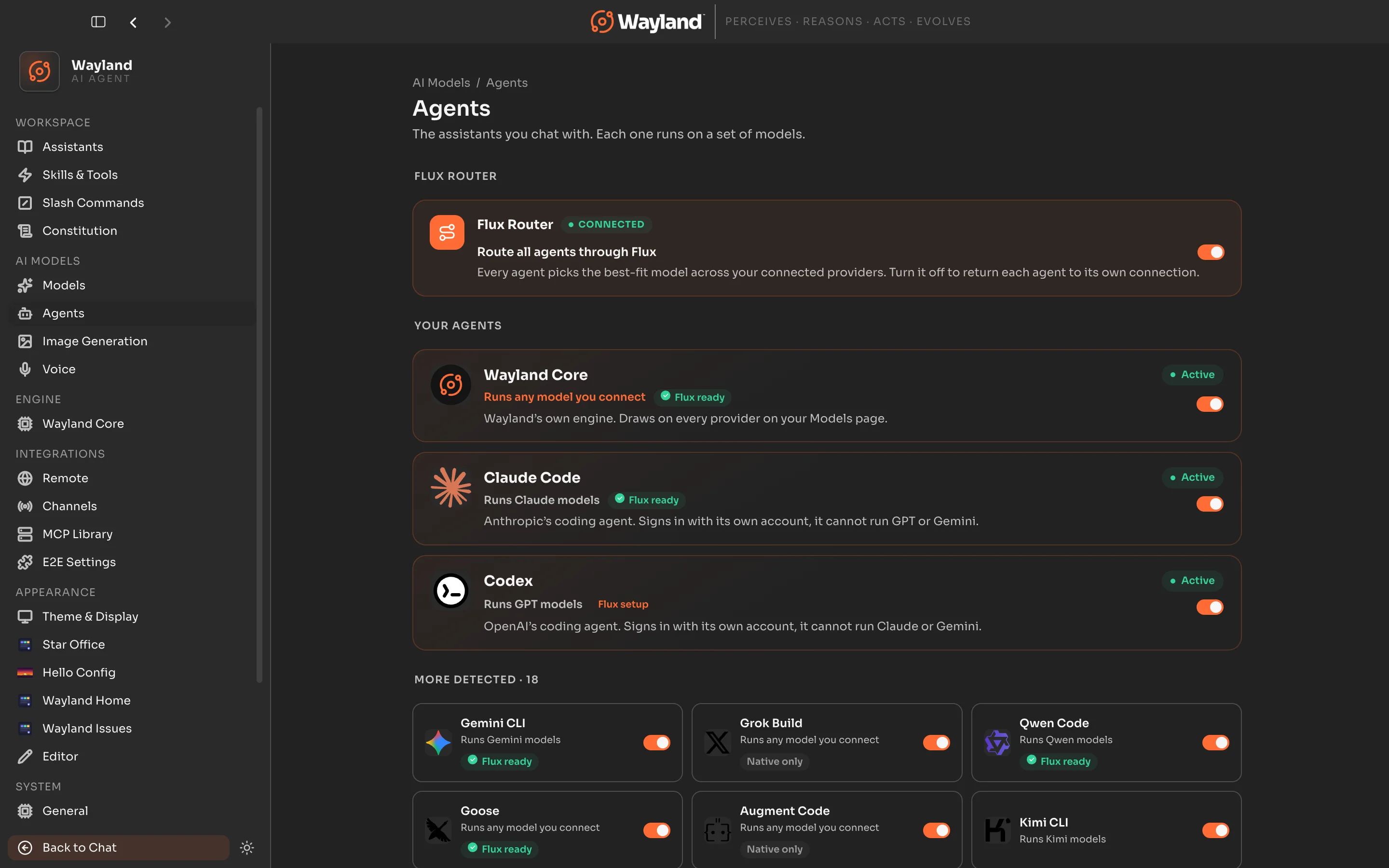 The Agents settings page showing Claude Code listed as Active under Your agents, alongside Wayland Core and Codex