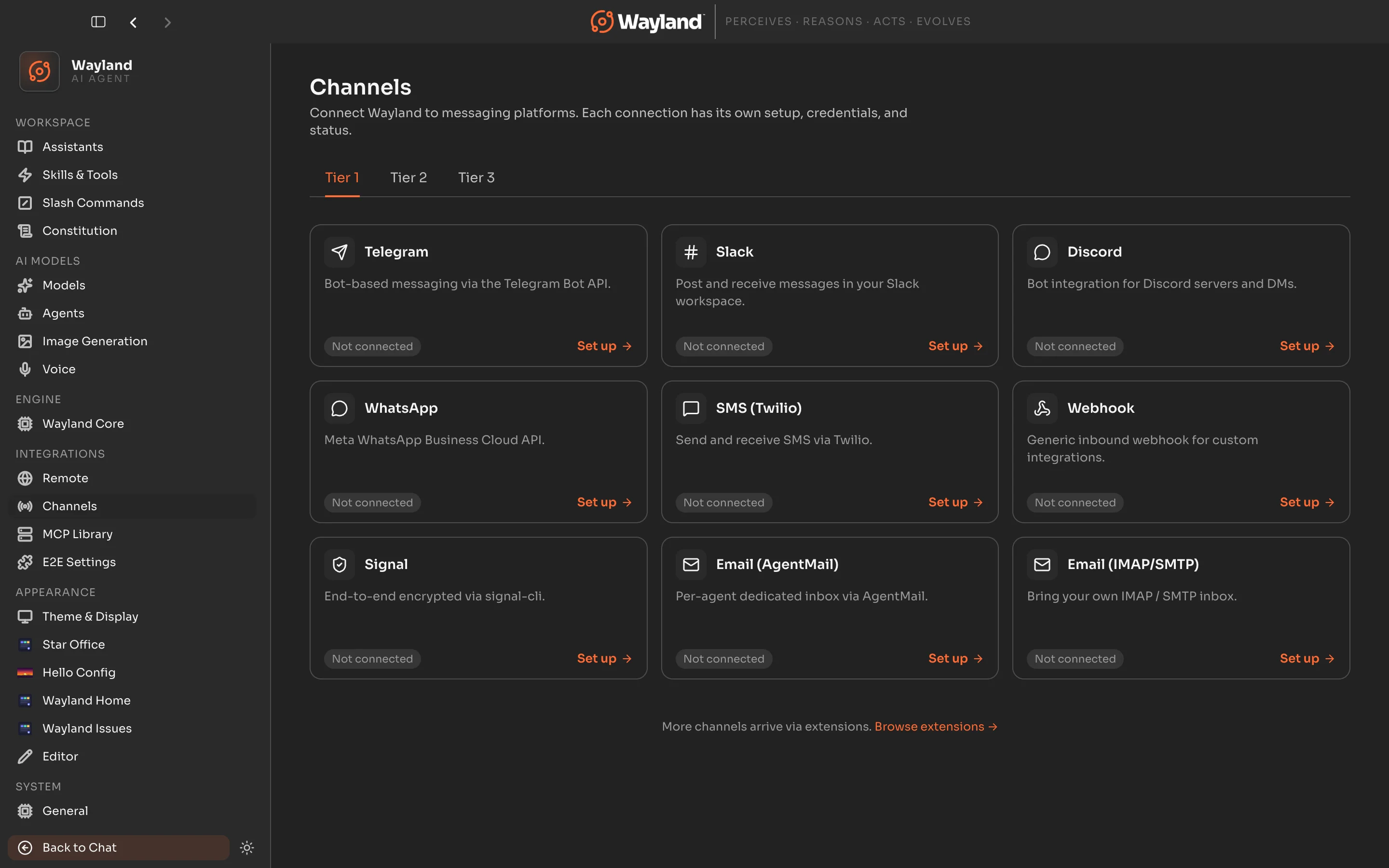 The Channels panel in the desktop app, showing the Tier 1 channels each with a Set up button