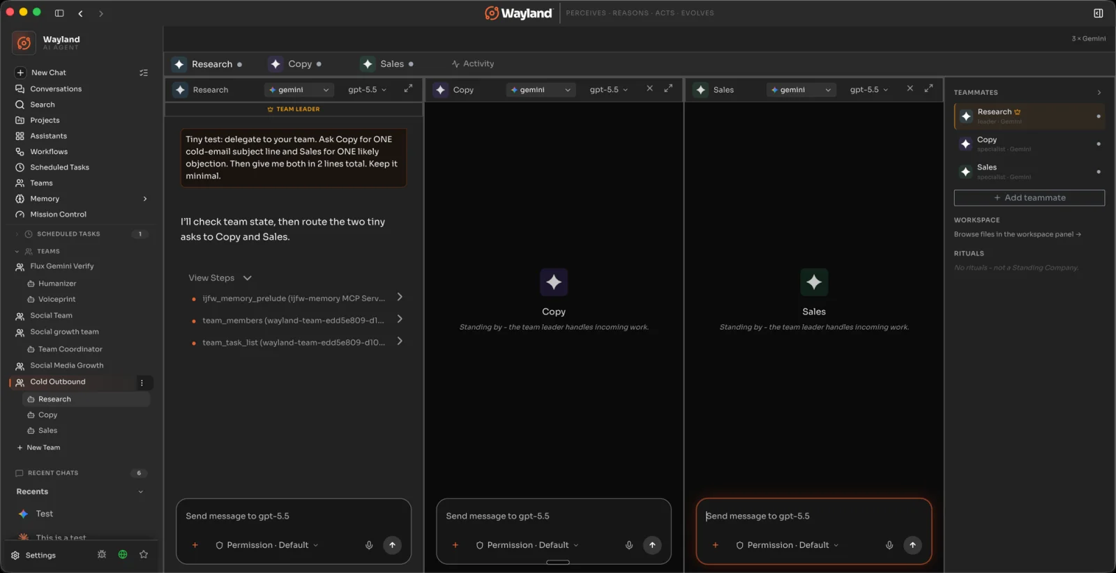 The active team page: the Research leader delegates to the Copy and Sales specialists, each in its own pane, with the teammates rail tracking the team on the right