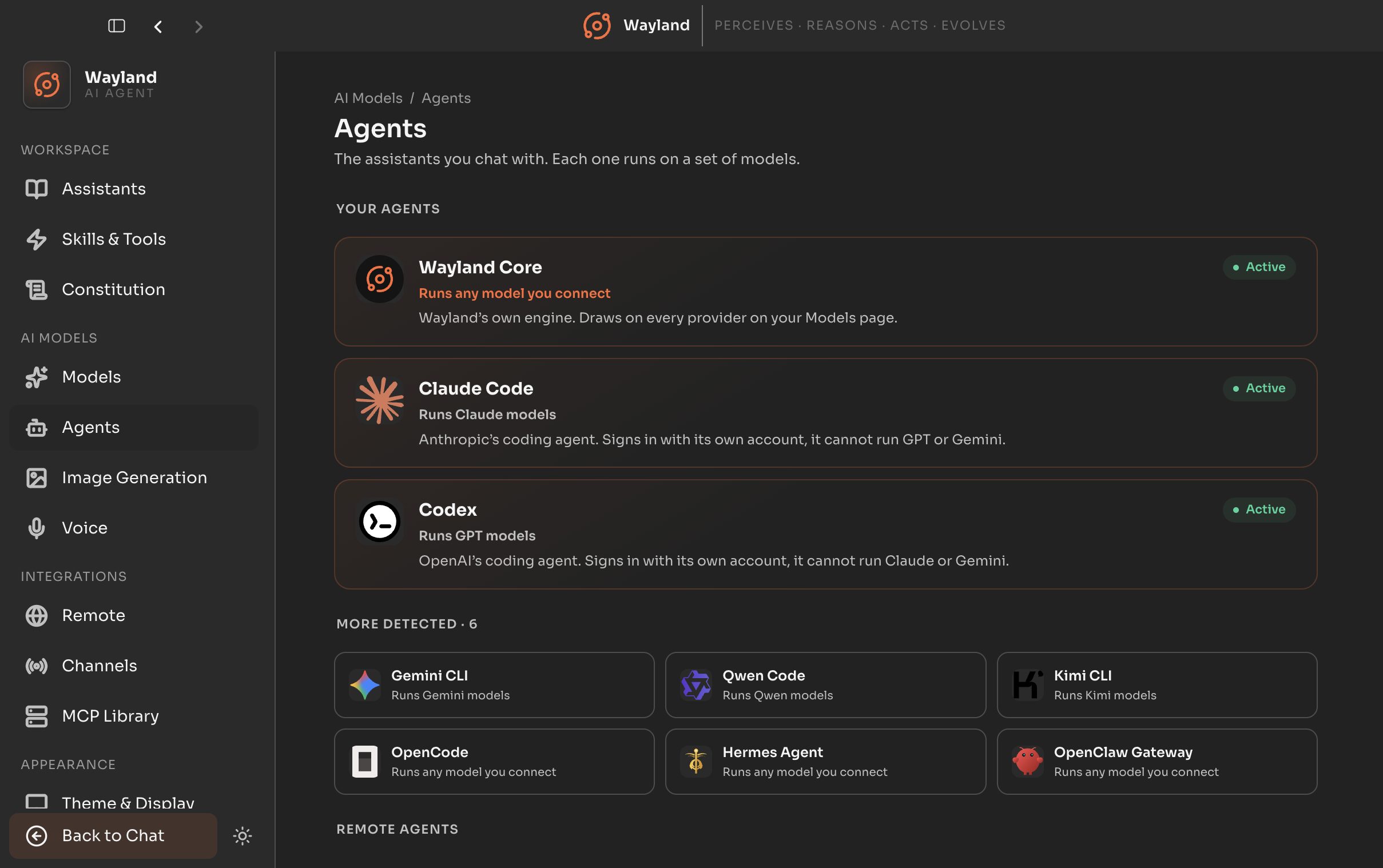 The Agents settings panel listing detected coding agents and remote agents