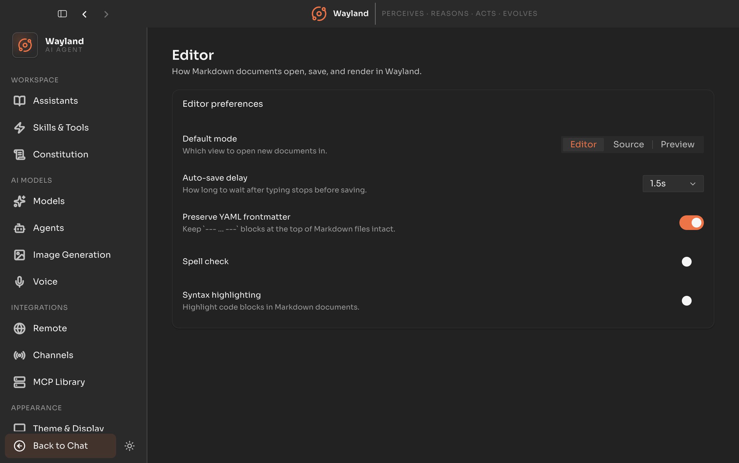 The Editor settings panel with Markdown document preferences