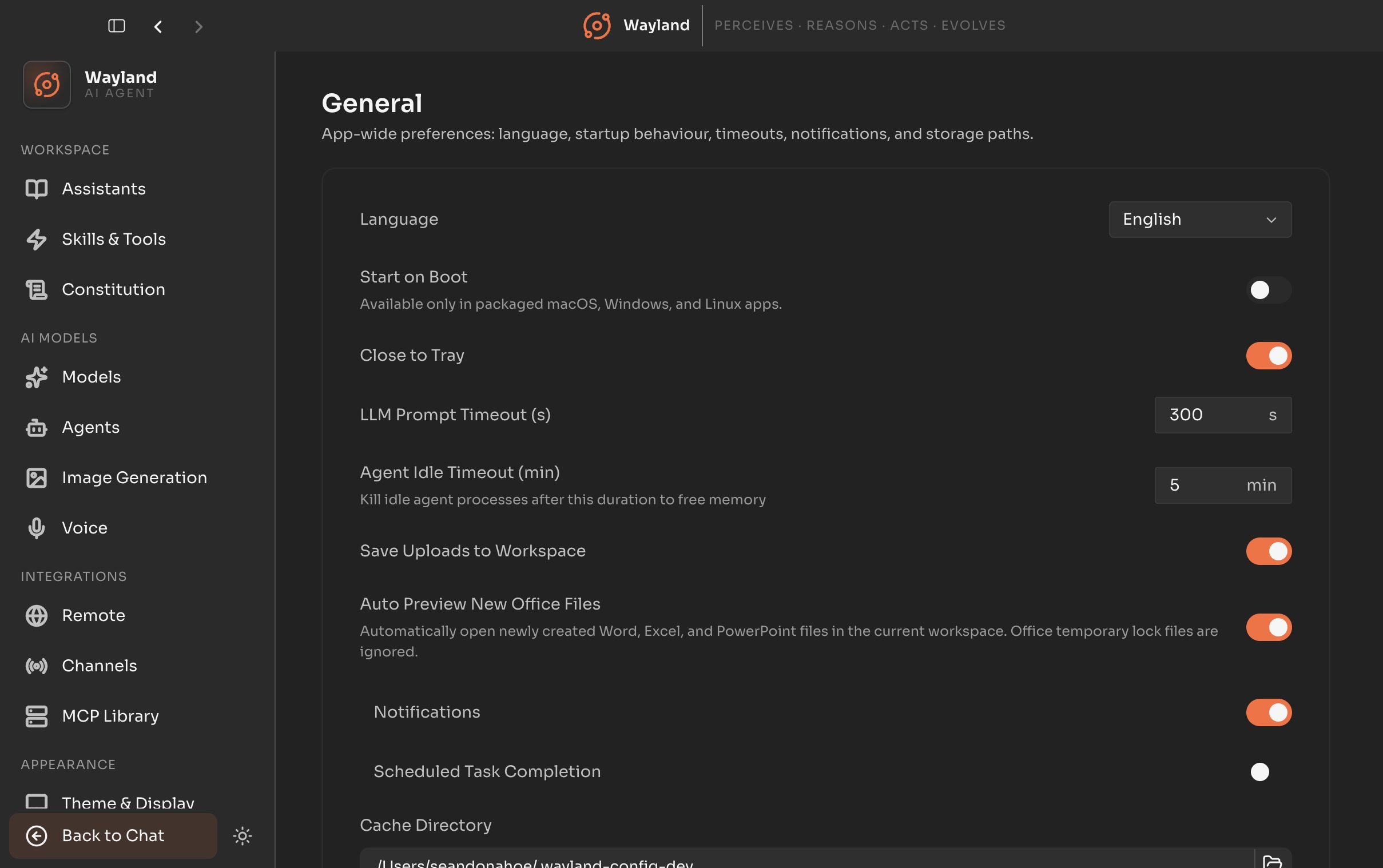 The General settings panel with language, startup, and directory preferences