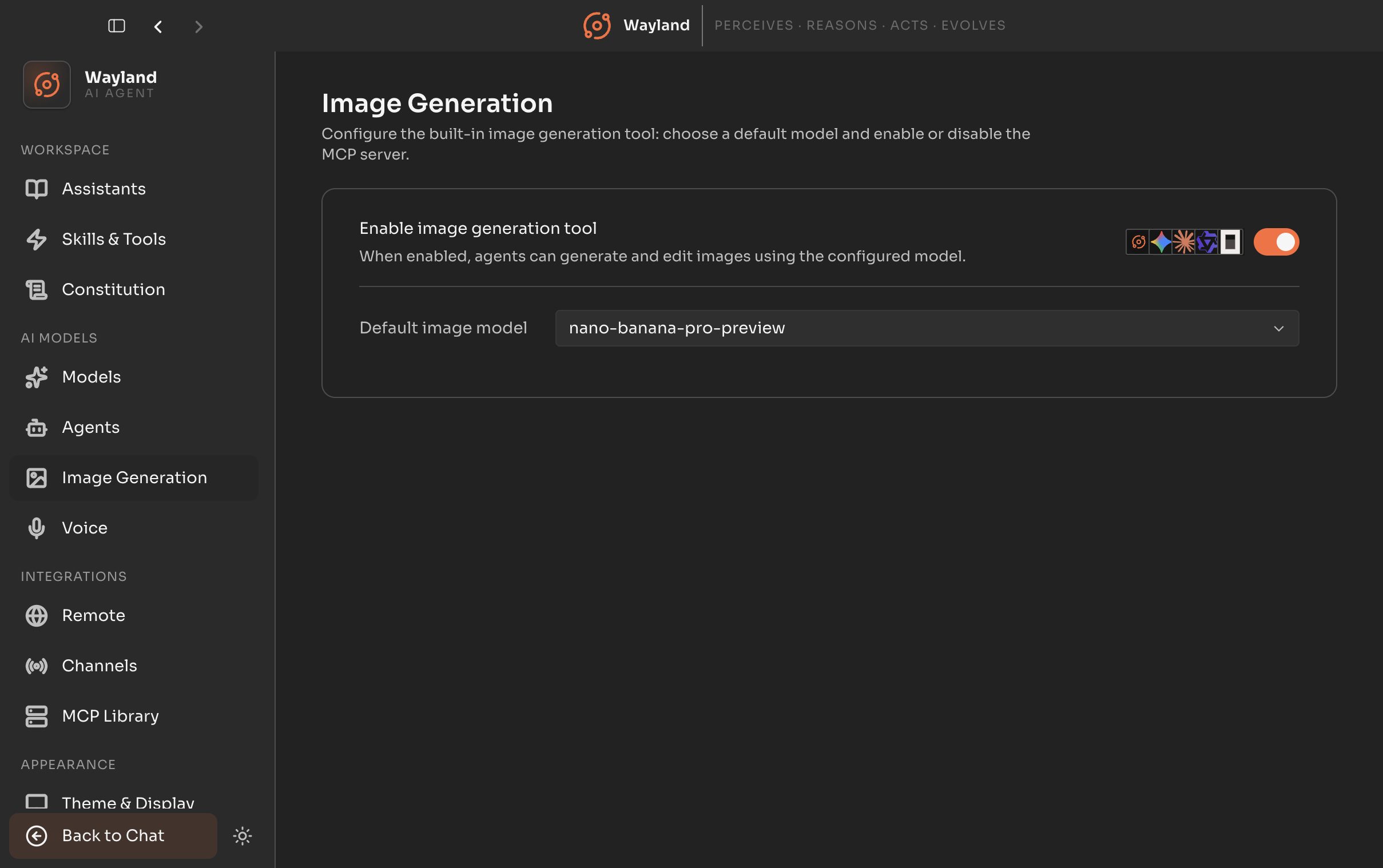 The Image Generation settings panel with the built-in image-gen server and model picker