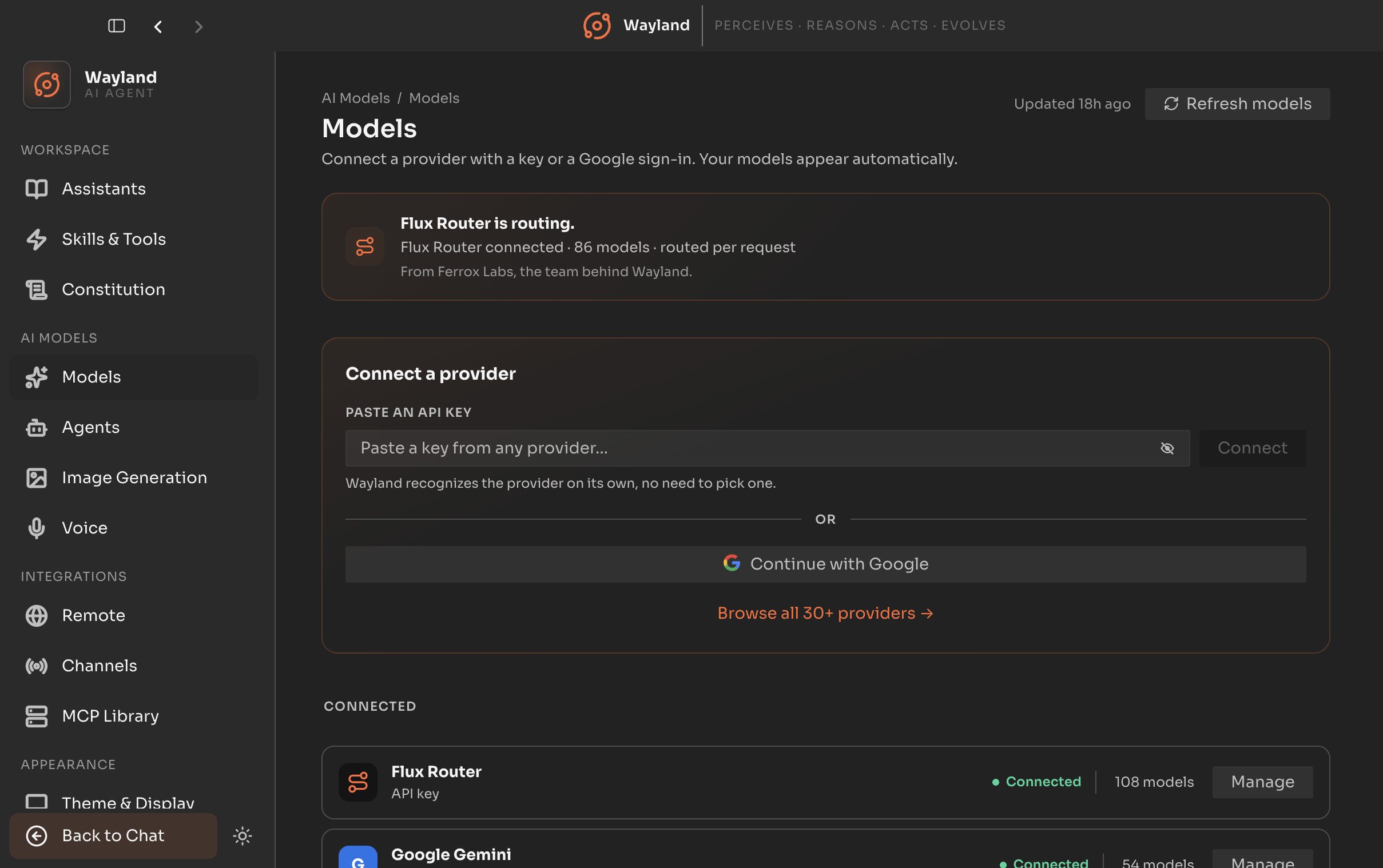 The Models and Providers settings panel showing connected providers and the model catalog