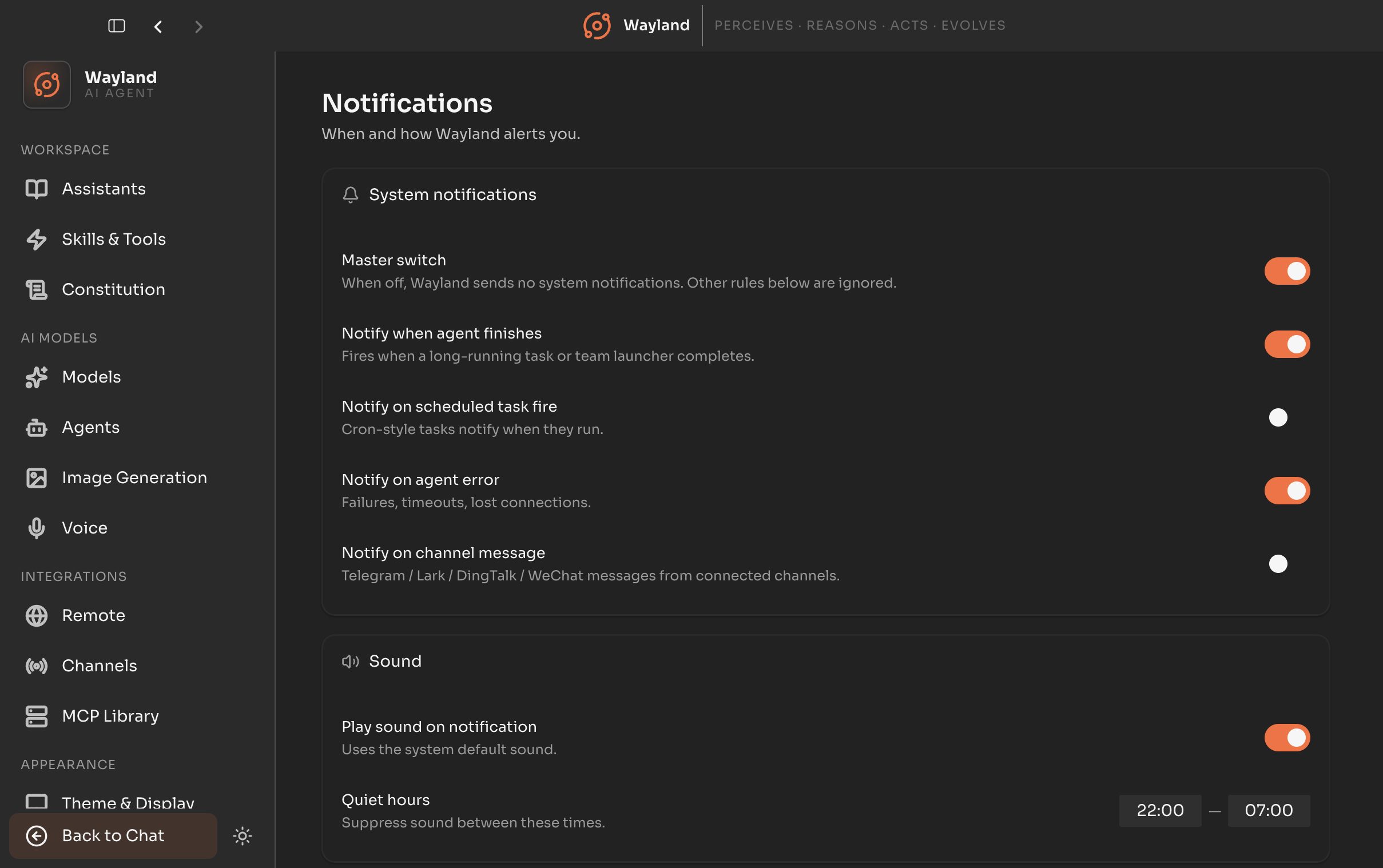 The Notifications settings panel with system notification and sound controls
