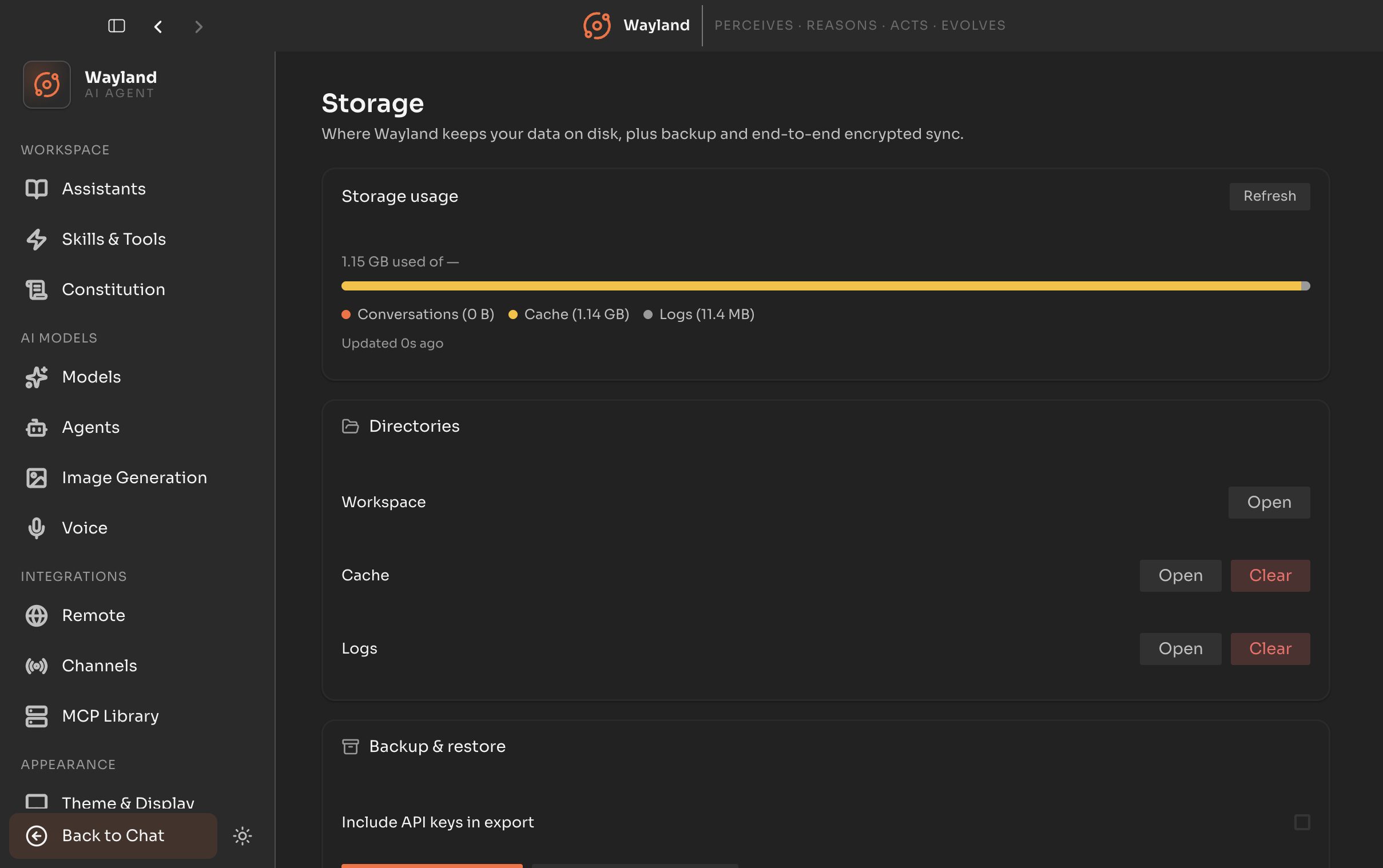 The Storage settings panel showing disk usage, directories, and backup