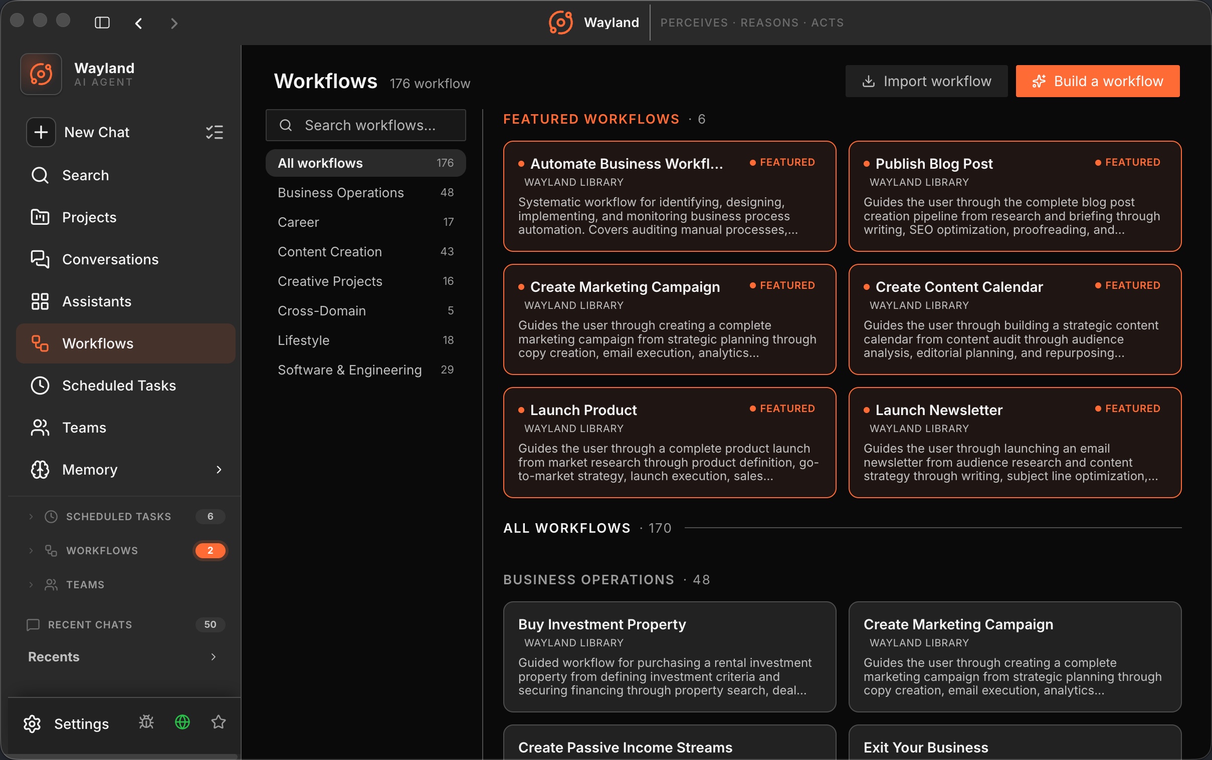 The workflows library grouped by category